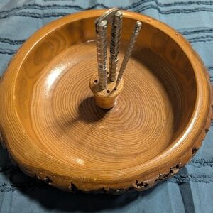 Vintage Wooden Bowl with Silver Utensils/Nut Cracker And Pick.